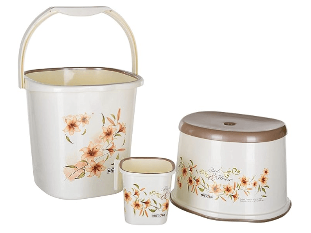 Nayasa Plastic Patla Bucket with Bathroom Mug (Off White, 18 Liters) -3 Pieces Set
