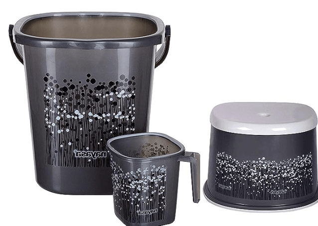 Nayasa Plastic Bucket, Mug and Stool, Grey, 18L (3 Pieces Set)
