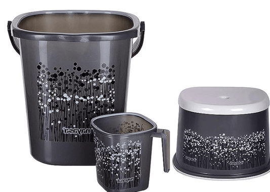 नयासा प्लास्टिक बाल्टी, मग और स्टूल, ग्रे, 18 लीटर (3 पीस का सेट)