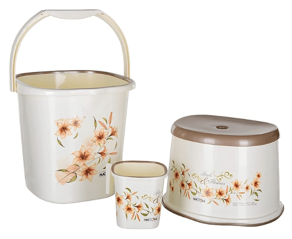 Nayasa Funk Square 3 Pcs Bathroom Set(Bucket 18L+Mug 1.5L+Stool) Off-White-1