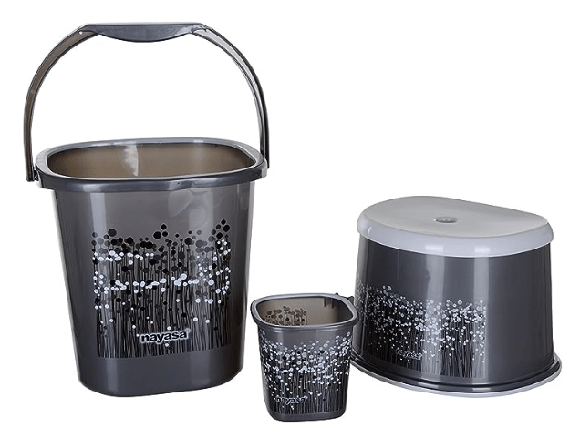 Nayasa Funk Square 3 Pcs Bathroom Set(Bucket 25L+Mug 1.5L+Stool) Black