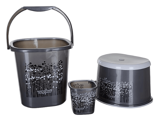 नयासा फंक स्क्वायर 3 पीस बाथरूम सेट (25 लीटर बाल्टी + 1.5 लीटर मग + स्टूल) काला