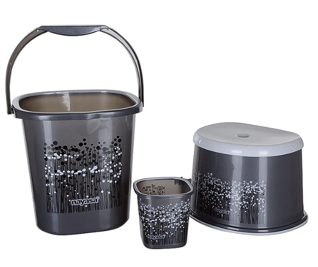 Nayasa Plastic Bucket, Mug, Stool, Grey, 25L, 1.5L (3 Pieces)
