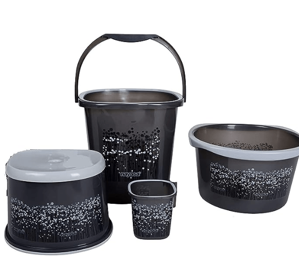 Nayasa Funk Bathroom Set 4-Pieces - Bucket (25 litres) with Mug (1.5 litres), Stool & Soap Case, Grey | Bathroom Accessory Set(Plastic)