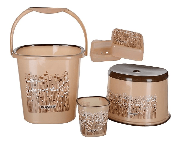 Nayasa Funk Bathroom Set 4-Pieces - Bucket (25 litres) with Mug (1.5 litres), Stool & Soap Case, Brown | Bathroom Accessory Set(Plastic)