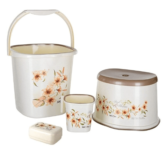 Nayasa Bansal Group Plastic Bathroom Bucket Set with Bathroom Mug Stool Patla and Soap Case (25 L, White), 4-Pieces