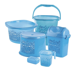 Nayasa Plastic Bathroom Bucket Set with Bathroom Mug, Stool Patla, Soap Case, Dustbin and Tub, Blue, 25 L (6 Pieces)-1