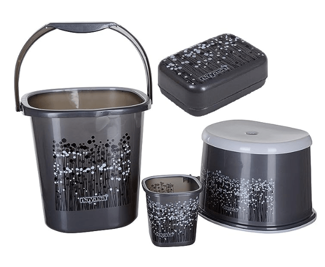 Nayasa Funk Square 4Pcs Bathroom Set(Bucket 25L+Mug 1.5L+Stool+Soap case) Black