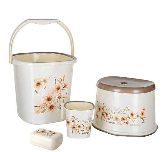 नयसा प्लास्टिक बाल्टी, मैचिंग मग, स्टूल/पटला और मैचिंग सोप केस के साथ, ऑफ व्हाइट, 25 लीटर (4 पीस)