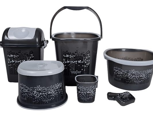 Nayasa Round Bathroom Set 6-Pieces - Bucket (25 litres) with Mug (1.5 litres),Basin (20 litres),Dustbin (14 litres), Stool & Soap Case,Black| Bathroom Accessory Set(Plastic)