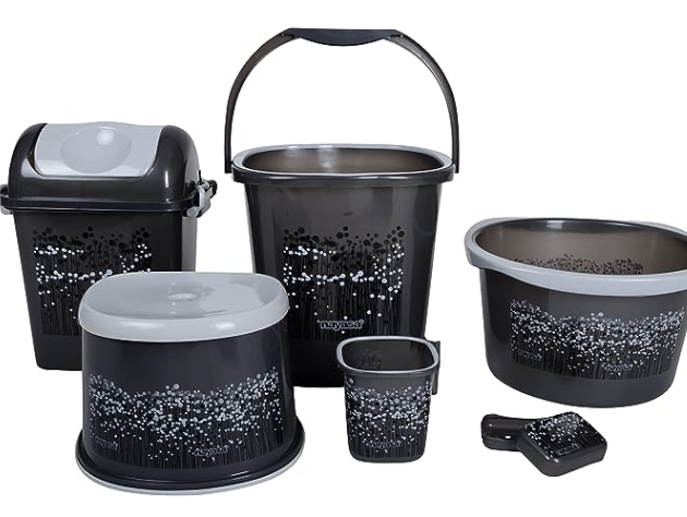 Nayasa Round Bathroom Set 6-Pieces - Bucket (25 litres) with Mug (1.5 litres),Basin (20 litres),Dustbin (14 litres), Stool & Soap Case,Black| Bathroom Accessory Set(Plastic)-1
