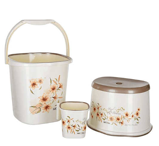 नयासा एवेकिन प्लास्टिक स्क्वायर डीलक्स बाथरूम सेट, 3 का सेट (25 लीटर, ऑफ-व्हाइट, 3-पीस)