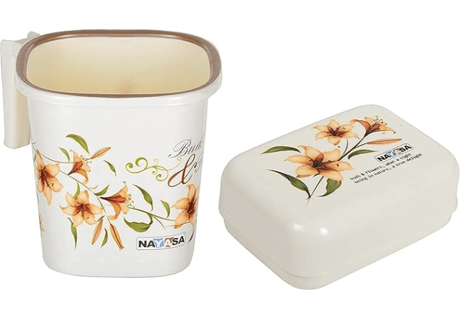 Nayasa Plastic Square Ring Bathroom Mug with Matching Soap case (1.5 liters, Off-White, 2-Pieces) by Krishna Enterprises
