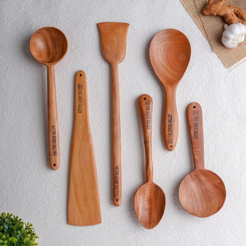 100% Natural Neem Wood Cooking & Serving Spoons/Spatula/Ladles, Set of 6, Toxin-free, Anti-microbial