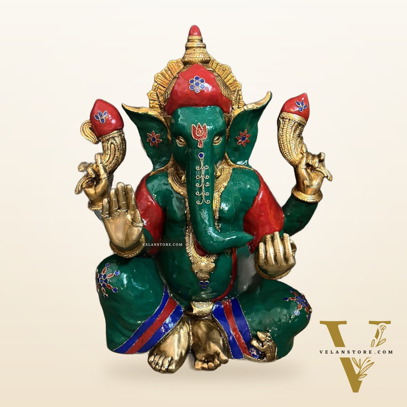 Nepalese Meenakari Stonework on Brass Ganesha Statue - 20 Inch