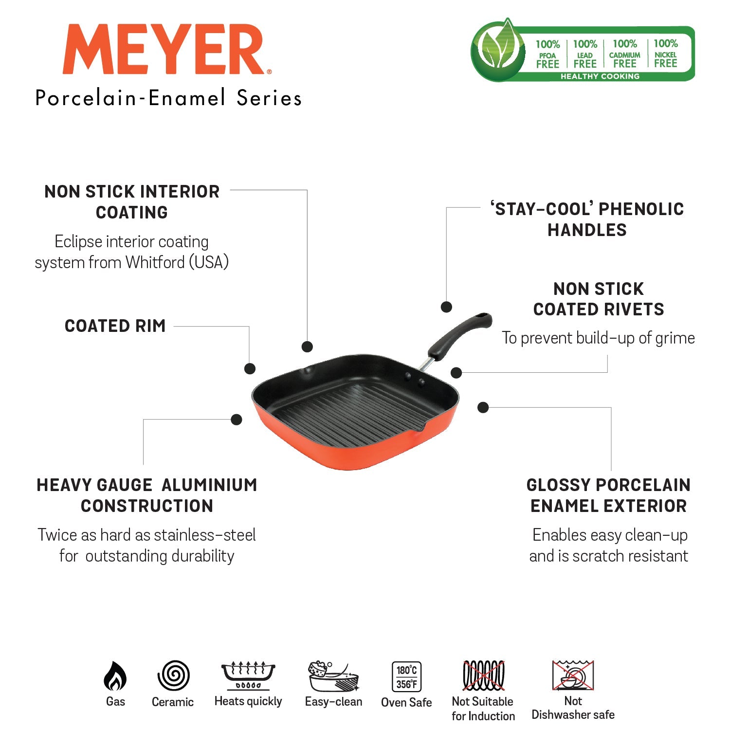 Meyer Non Stick Aluminium Grillpan 28cm, Orange