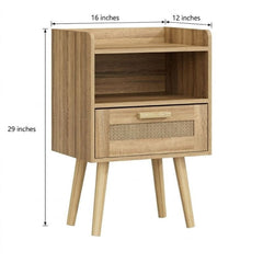 Scandinavian Wooden Bedside Table with Cane Drawer & Open Shelf