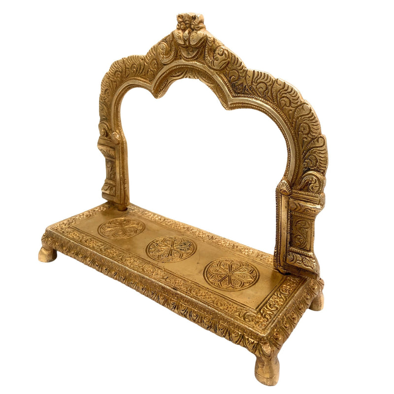 Bhunes Brass Deity Stand with Prabhavali & Chowki | Singhasan Peeth for Idols, Mandir & Pooja Room, Gold, 8 Inch, 1 Piece
