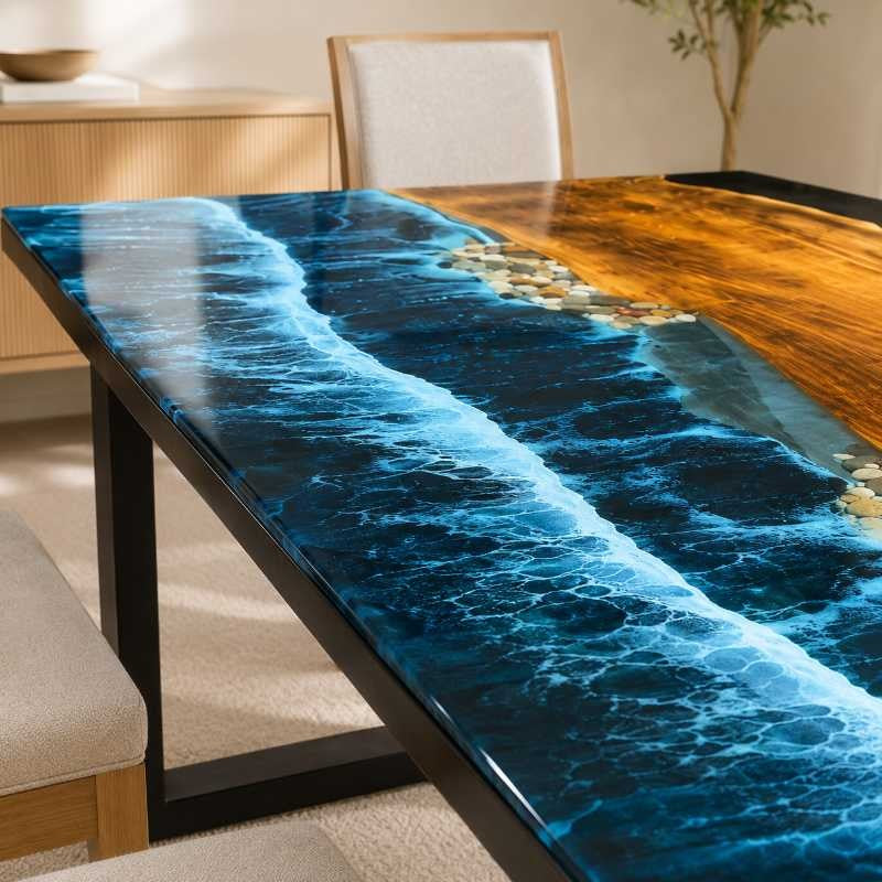 Handmade Blue Pebble Shore Ocean Wave Epoxy Resin Dining Table, Wooden Resin Coffee Table, Epoxy Beach Table, Layered Resin Wave Design with Realistic Water Movement Effect