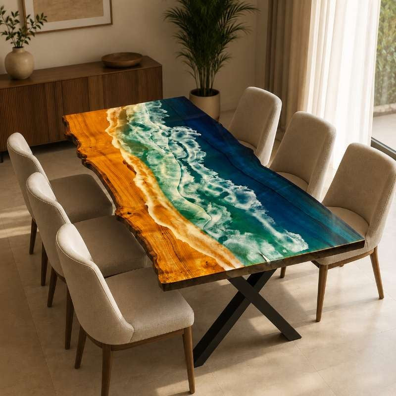 Live Edge Ocean Wave Epoxy Resin Dining Table, Custom Dining Table | Custom Wood Resin Furniture, Live Edge Wood & Blue Resin Art Table | Coastal Style Dining Table