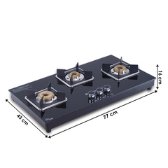 Wonderchef Octavia 3 Burner Glass Hob Top Manual Cooktop | 8mm Toughened Glass | Manual Ignition | Forged Brass Burners 