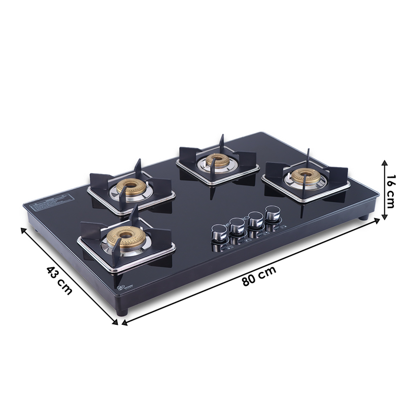Wonderchef Octavia 4 Burner Glass Hob Top Manual Cooktop | 8mm Toughened Glass | Manual Ignition | Forged Brass Burners 