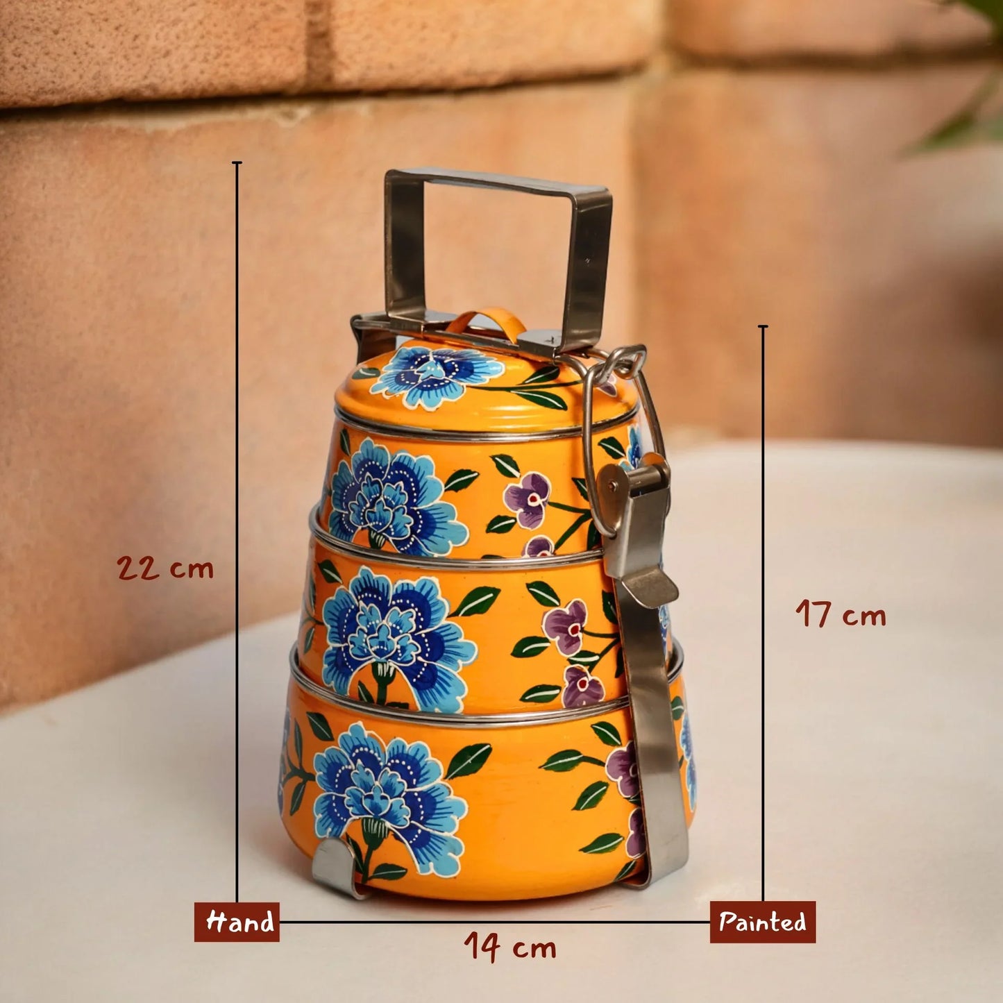 Shri-badri Hand Painted 3 Tier Steel Lunch Box - Yellow