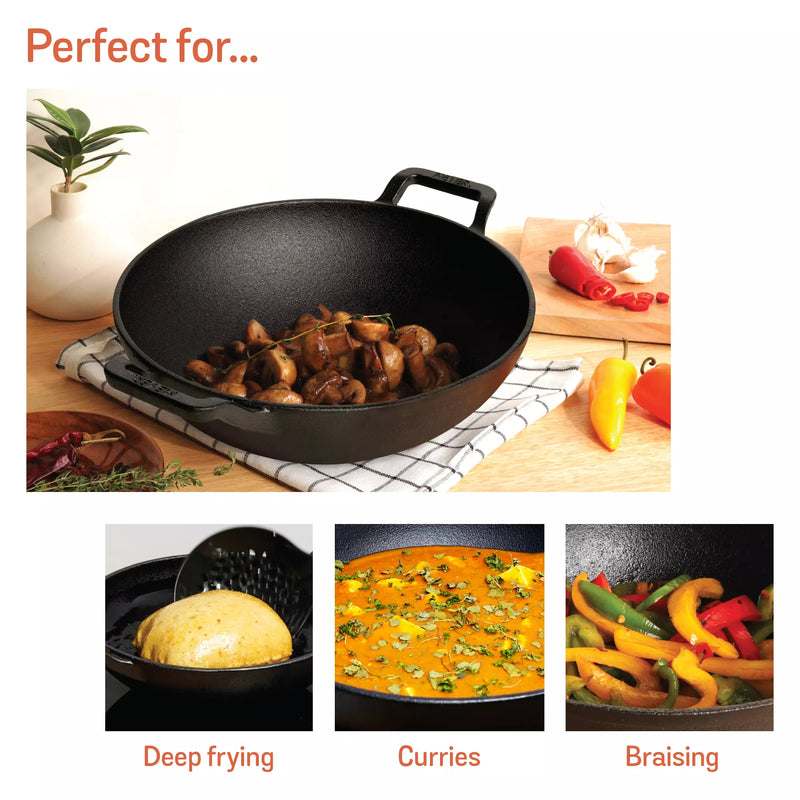 Meyer Pre Seasoned Cast Iron curved Kadai without Lid, 24cm