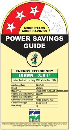 Voltas 1 Ton 3 Star Split AC - White (123 Vectra Elegant(4503469), Copper Condenser)