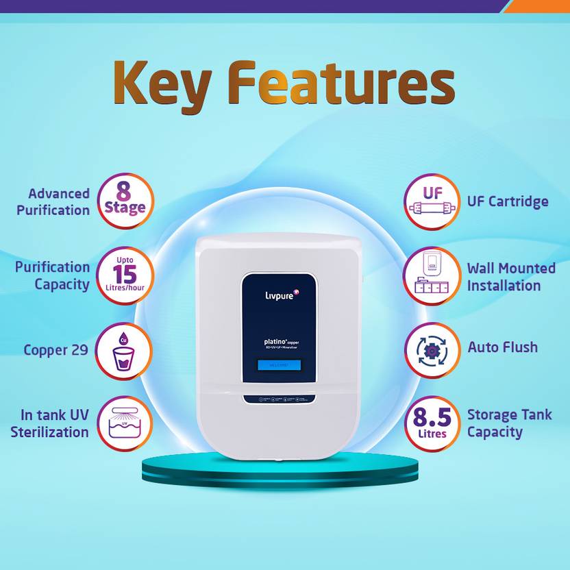 Livpure LIV-PLATINO-PLUS-COPPER2000 8.5 L RO + UV + UF + Copper + Minerals Water Purifier 8 STAGE ADVANCED PURIFICATION WITH HR TECHNOLOGY, TOUCH-4