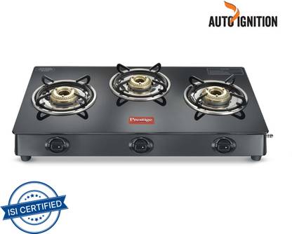 Prestige Atlas Plus High Effient Brass burner & Toughened Glass Automatic Gas Stove (3 Burners)