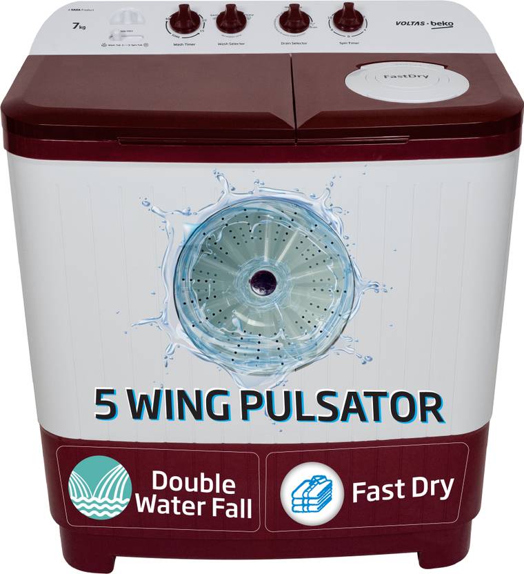 Voltas Beko by A Tata Product 7 kg with Fast Dry, Double Waterfall, 5 Wing Pulsator Semi Automatic Top Load Washing Machine Maroon, White (WTT70DBRTF)-1