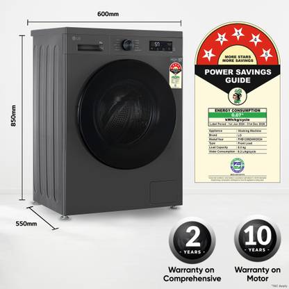 LG 8 kg 5 Star, Inverter Direct Drive Technology, Wi-Fi Enabled, 6 Motion DD, Steam Fully Automatic Front Load Washing Machine with In-built Heater Grey, Black (FHB1208Z4M)