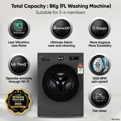LG 8 kg 5 Star, Inverter Direct Drive Technology, Wi-Fi Enabled, 6 Motion DD, Steam Fully Automatic Front Load Washing Machine with In-built Heater Grey, Black (FHB1208Z4M)