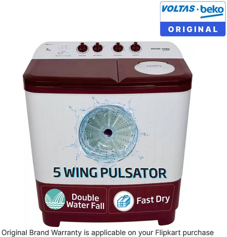 Voltas Beko by A Tata Product 7 kg with Fast Dry, Double Waterfall, 5 Wing Pulsator Semi Automatic Top Load Washing Machine Maroon, White (WTT70DBRTF)-2