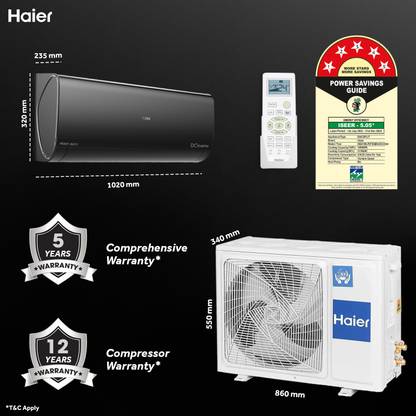 Haier 2024 Model Inverter Technology 1.6 Ton 5 Star Split Inverter Expandable AC - White