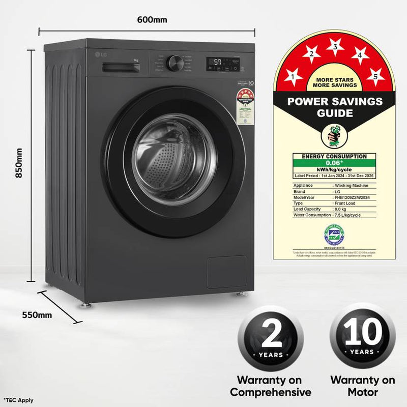 LG 9 kg 5 Star, Inverter Direct Drive Technology, 6 Motion DD, Reduce germs & allergens with steam cycles, In-built Heater, Touch Panel Fully (FHB1209Z2M)-4
