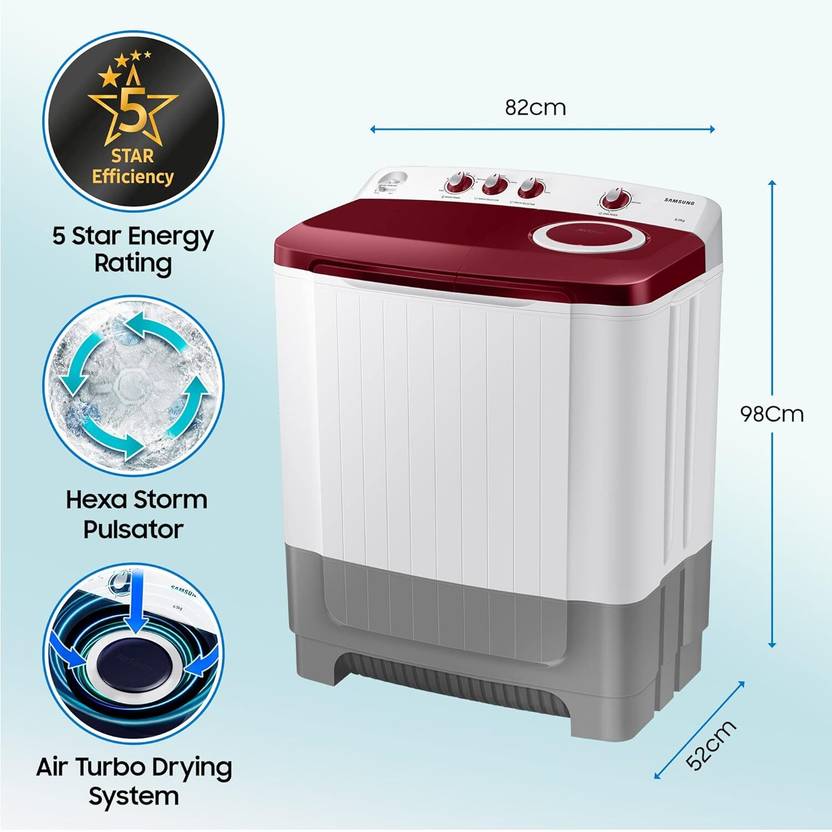 Samsung 8 kg 5 Star Hexa Storm Pulsator Semi Automatic Top Load Washing Machine White, Grey (WT80R4000RG/TL)-2