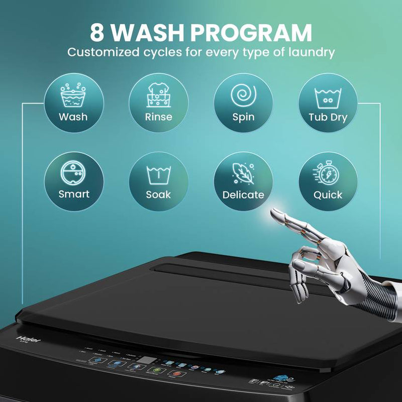 Haier 8 kg Toughened Glass with Anti Bacterial Vortex Pulsator, 1300 RPM, Spray Function, Wash Programs, Magic Filter, Rat Mesh Fully Automatic Top (HWM80-316PBK)-4