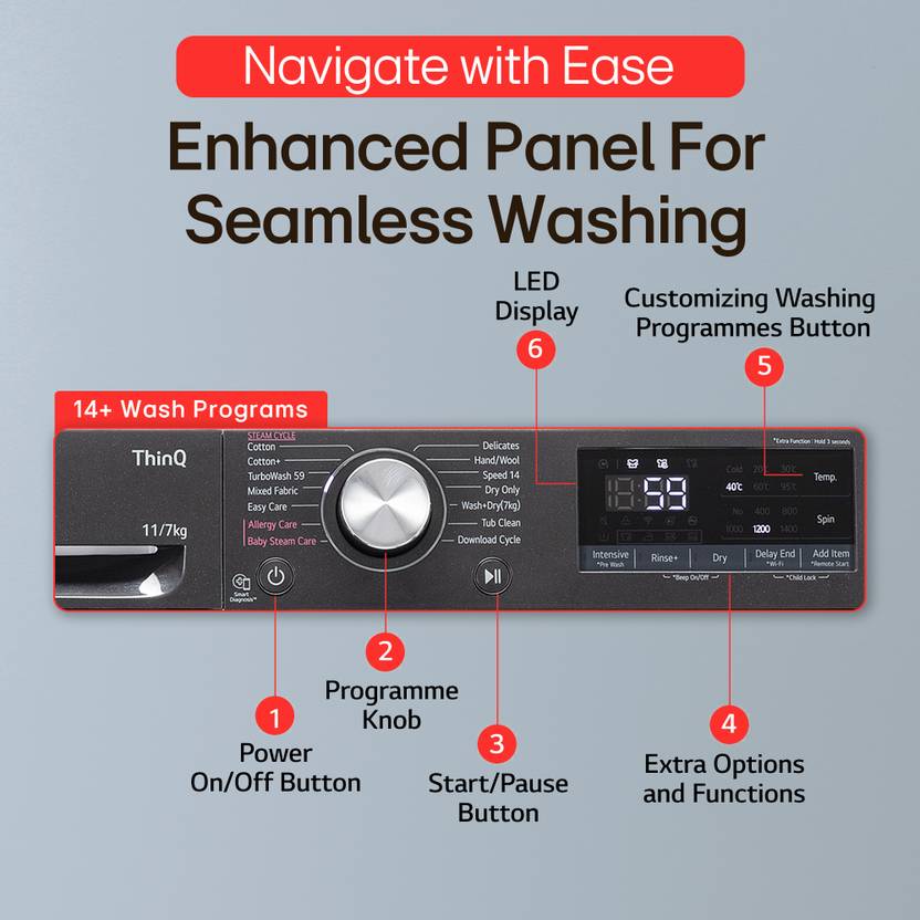 LG 11/7 kg Washer with Dryer AI Direct Drive Technology, Wi-Fi Enabled, Reduce germs & allergens with steam cycles, TurboWash Ready to Wear Clothes, (FHD1107SWM)-4