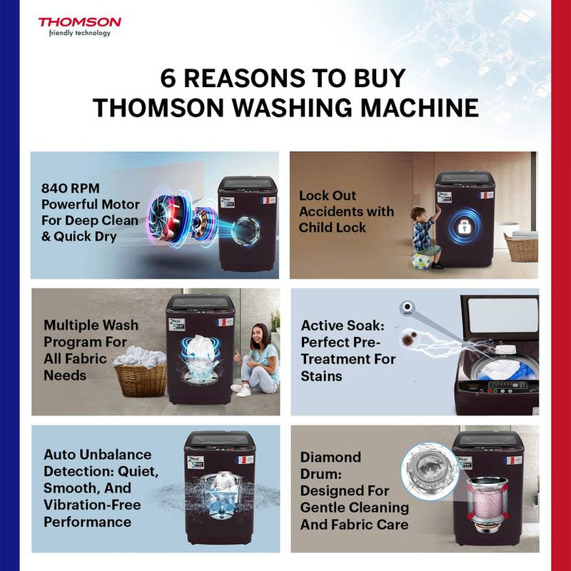 Thomson 8.5 kg PureWash Toughened Glass Lid with Stainless Steel Drum, Magic Filter and Multiple Wash Programs Fully Automatic Top Load Washing (TTL8500R)-2