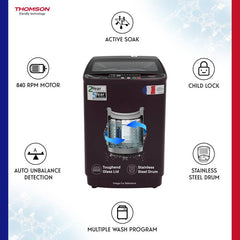 Thomson 8.5 kg PureWash Toughened Glass Lid with Stainless Steel Drum, Magic Filter and Multiple Wash Programs Fully Automatic Top Load Washing (TTL8500R)-3