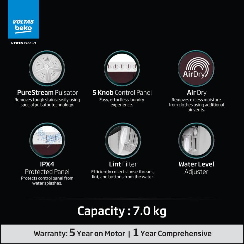 Voltas Beko by A Tata Product 7 kg Semi Automatic Top Load Washing Machine Maroon, White (WTT70UHA/OK5R0R0W01)-2