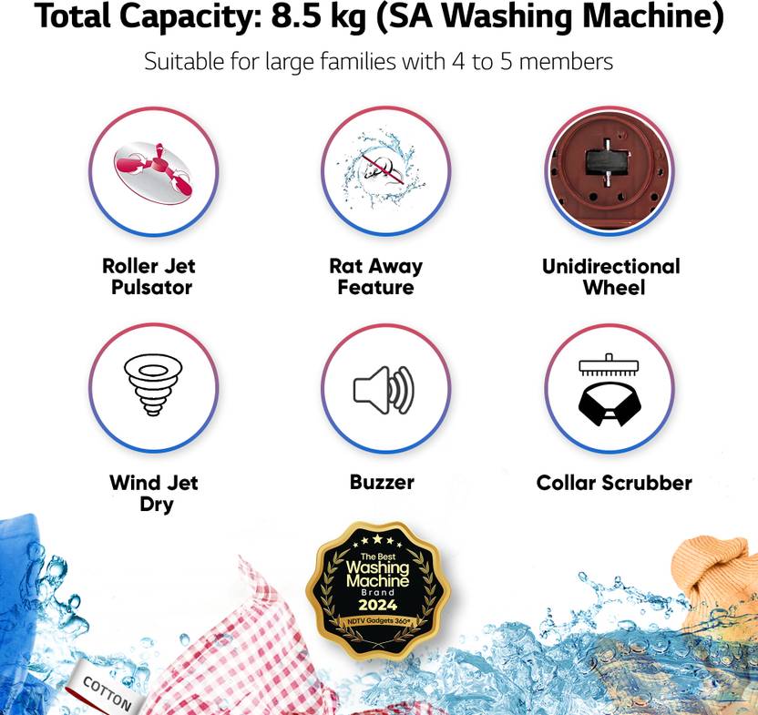LG 8.5 kg 5 Star with Roller Jet Pulsator with Soak, Wind Jet Dry and Collar Scrubber Semi Automatic Top Load Washing Machine Maroon, White (P8530SRAZ)-3