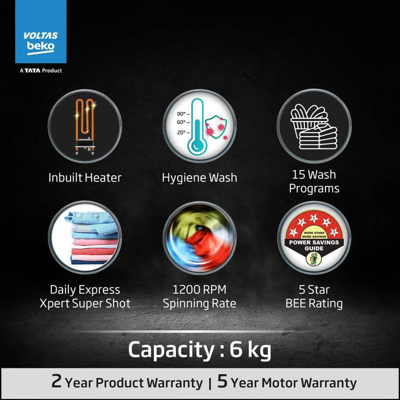 Voltas Beko by A Tata Product 6 kg 5 Star Fully Automatic Front Load Washing Machine with In-built Heater White (WFL6012B7COUBAA/WWV)-2