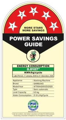 Samsung 9.5 kg 5 star,Air Turbo Drying Semi Automatic Top Load Washing Machine Black, Grey (WT95A4260GD/TL)