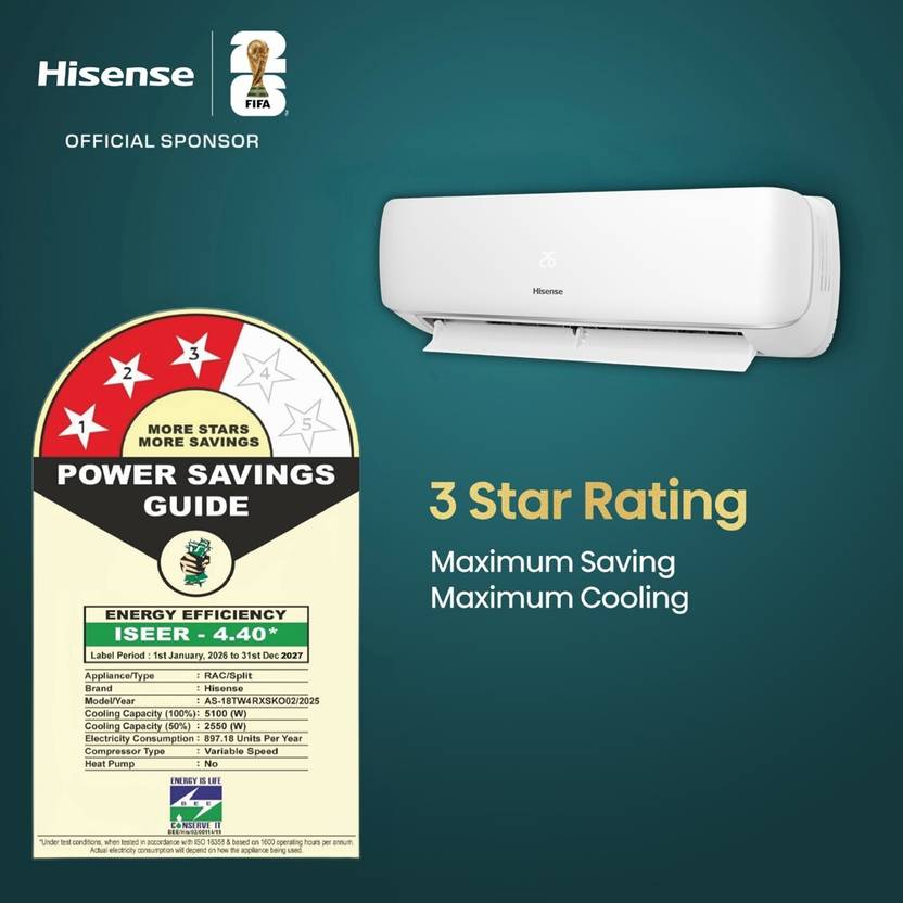 Hisense 2026 Model 1.5 Ton 3 Star Split Inverter with Wi-fi AC (AS-18TW4RXSKO02, White)