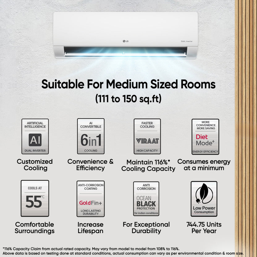 LG 1.5 Ton 5 Star DUAL Inverter Split AC (Copper, AI Convertible 6-in-1, VIRAAT Mode, Faster Cooling & Energy Saving, 4 Way Swing, HD Filter with Anti-Virus Protection, US-Q19YNZE, White)