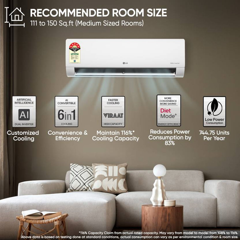 LG 2025 Model 1.5 Ton 5 Star Split AI Dual Inverter AI Convertible 6-in-1 Split with Faster Cooling and Energy Saving, 4 Way Air Swing, VIRAAT Mode (US-Q19ENZE3, White)-4