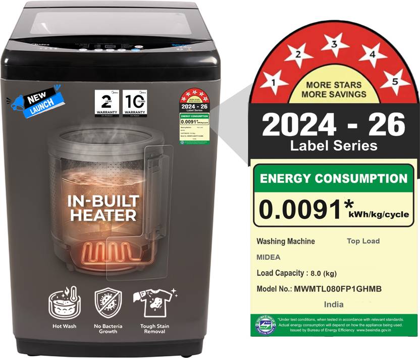 Midea 8 kg Fully Automatic Top Load Washing Machine with In-built Heater Black (MWMTL080FP1GHMB)-2